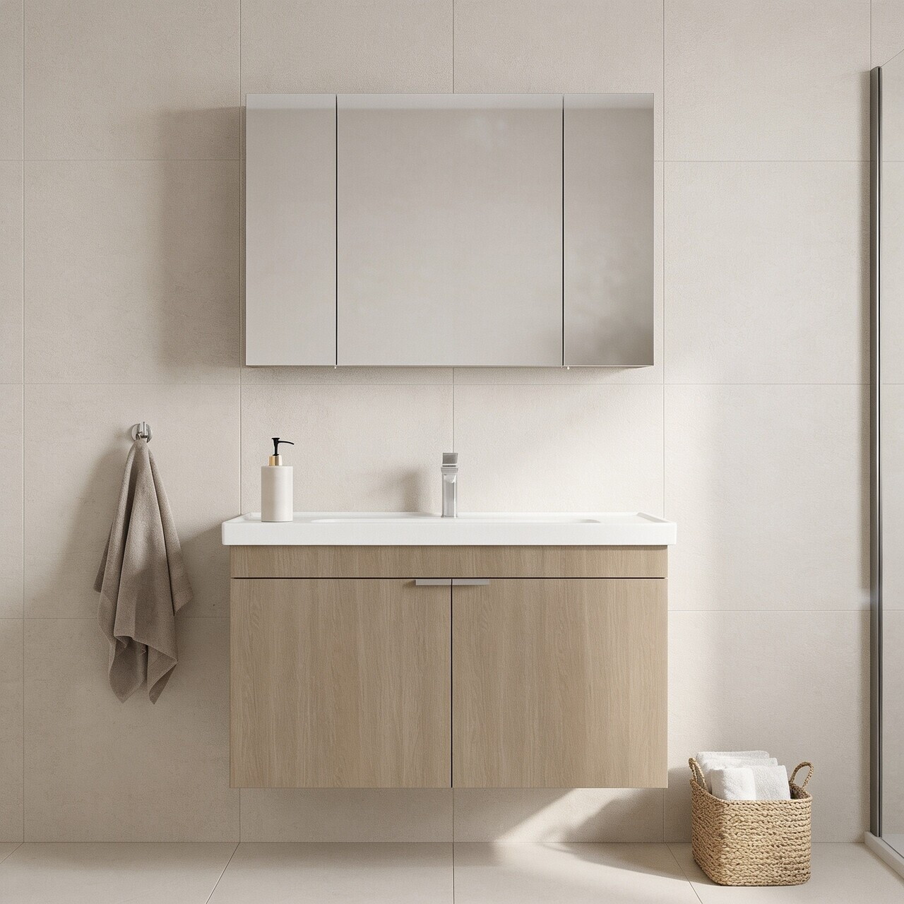 Set Dulap de Baie cu Chiuvetă și Oglindă (2 Piese), Hanah Home, Desna 100, Stejar