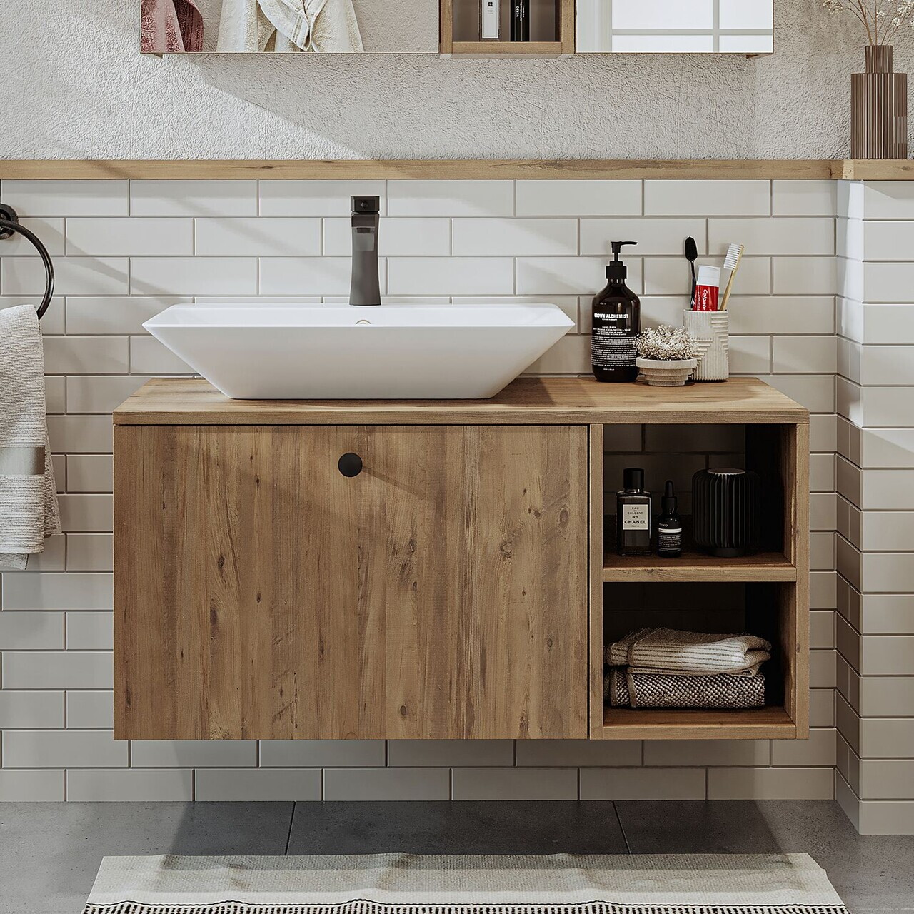 Dulap de baie cu chiuvetă, Hanah Home, 2460, 95x56.5x45 cm, MDF, Maro — imaginea 2