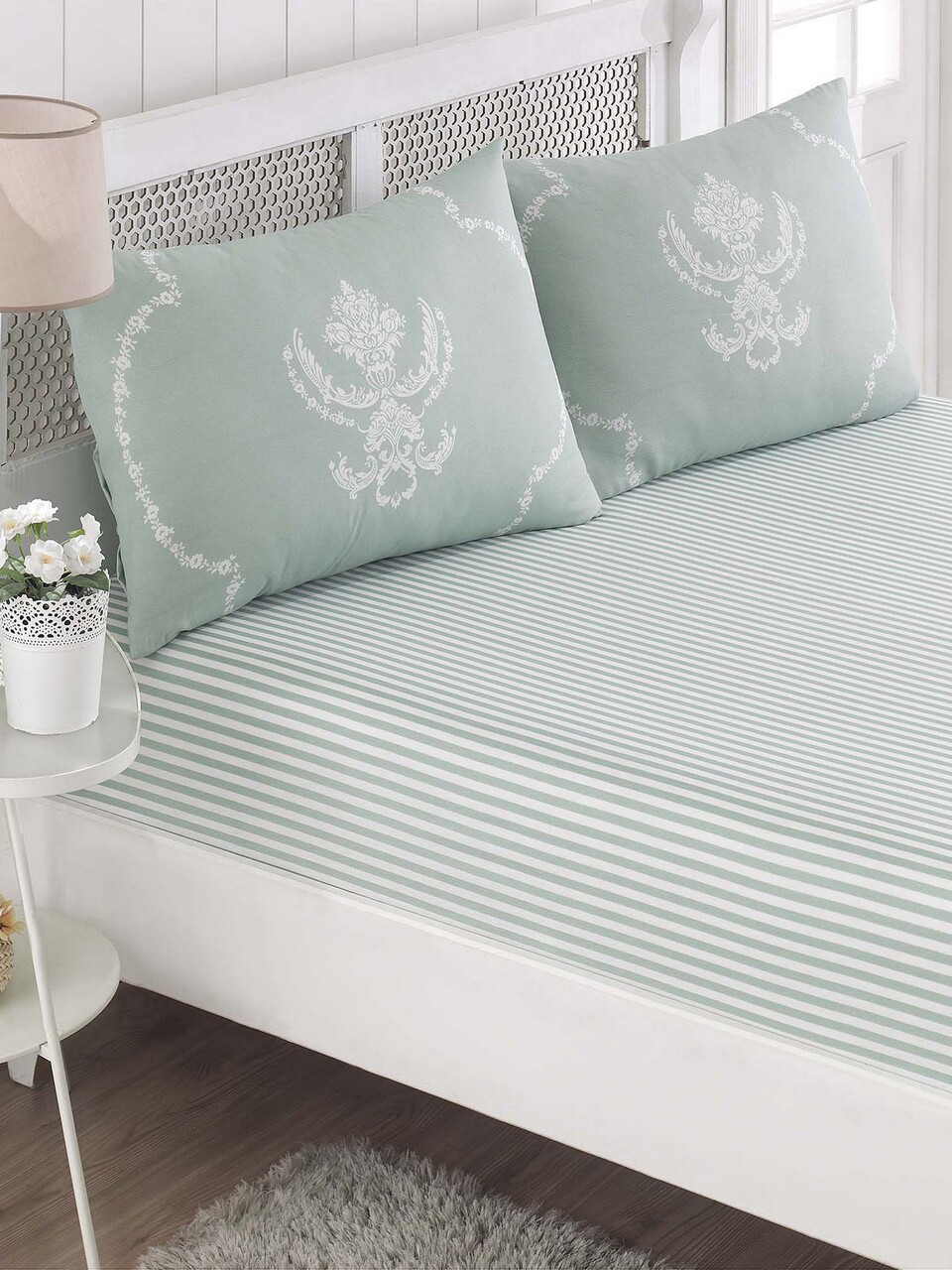 Set de pat dublu (cearceaf cu elastic si perne) 3 piese, Pure - Mint, EnLora Home, 65% bumbac/35% poliester