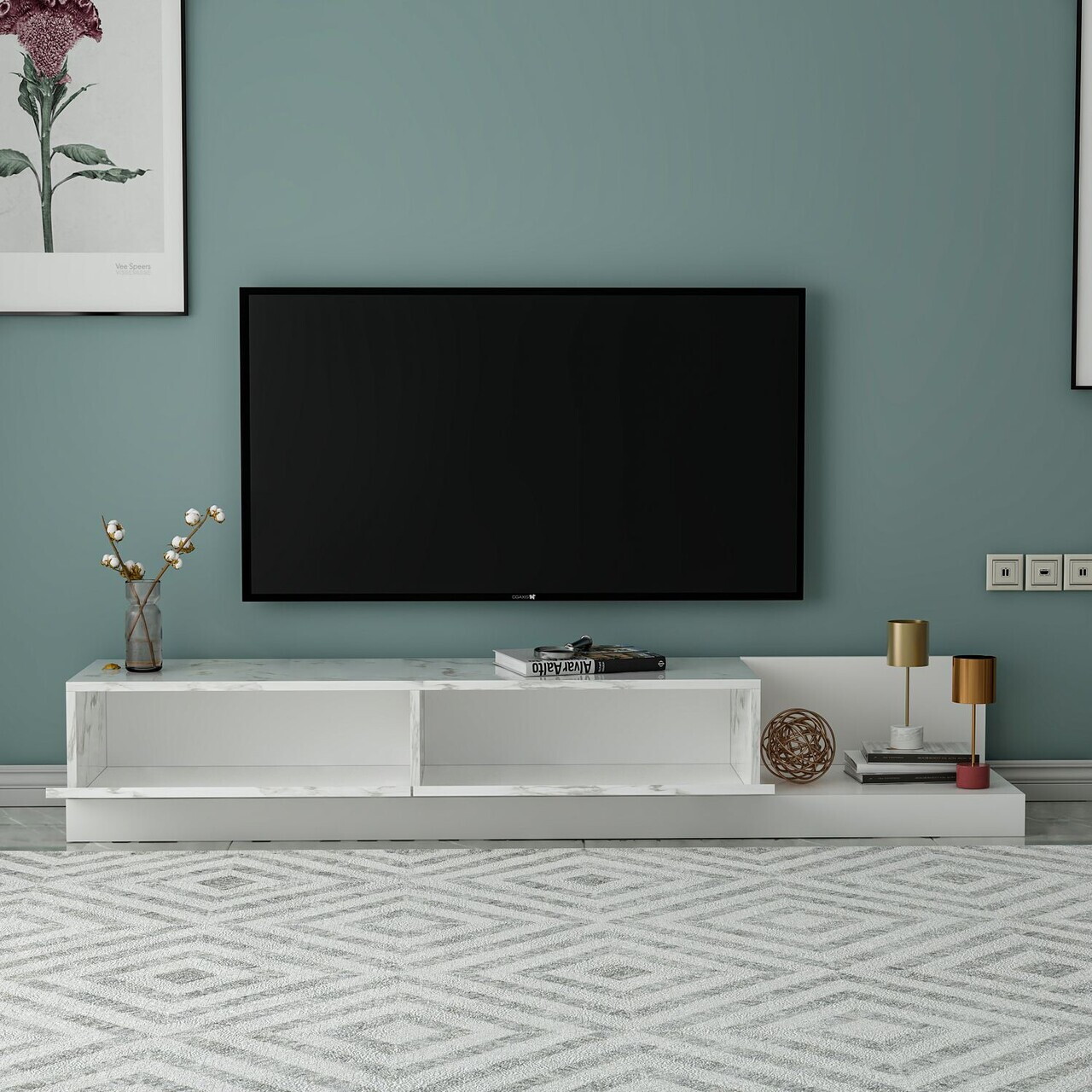 Comoda TV, Hanah Home, Major, 180x30x37 cm, PAL, Marmură Marmo / Alb — imaginea 4