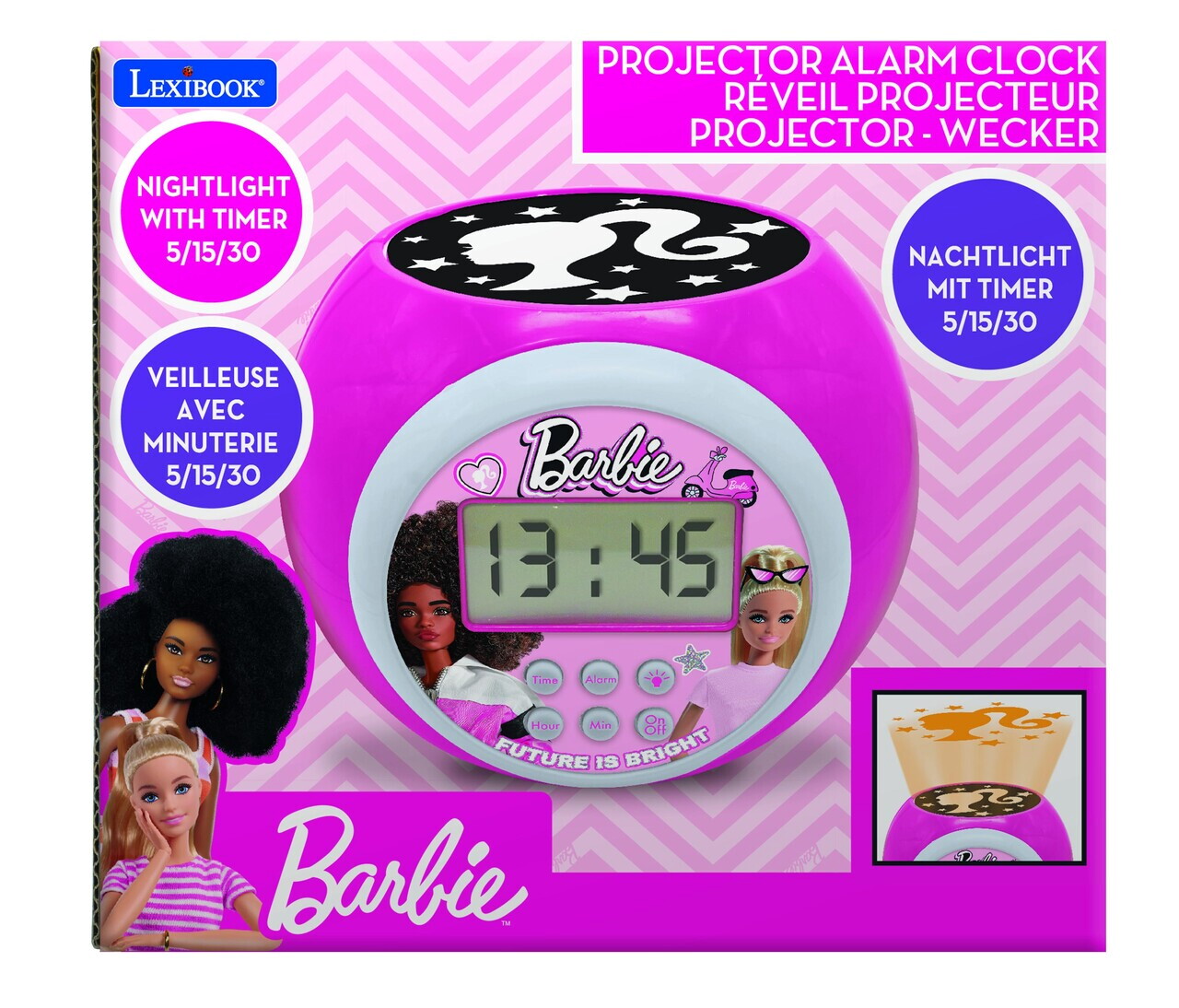 Ceas desteptator cu proiector Barbie, LEXIBOOK, 11.8x11x9.1 cm, roz - imagine 3