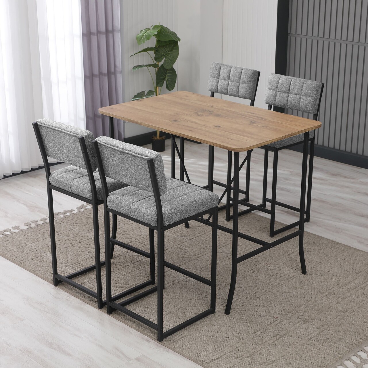 Set masa si 4 scaune de bar, Hanah Home, Retro, Gri/Nuc - imagine 2