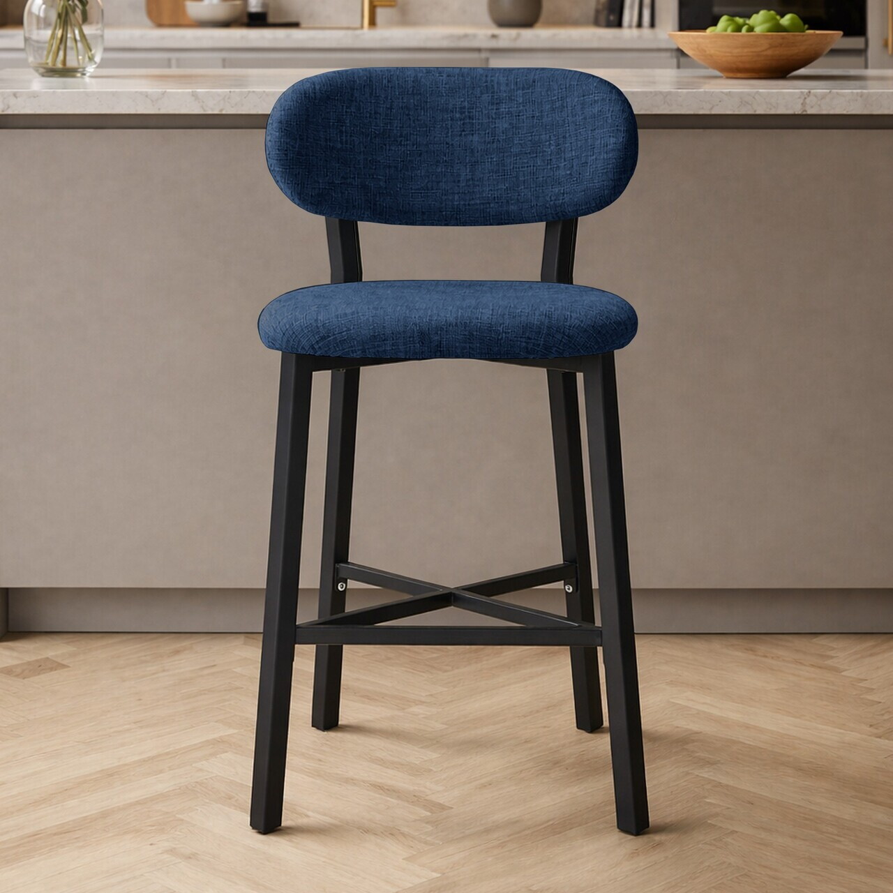 Scaun de bar, Hanah Home, Luna, 42x100x45 cm, Fier/Poliester/In, Albastru navy — imaginea 3