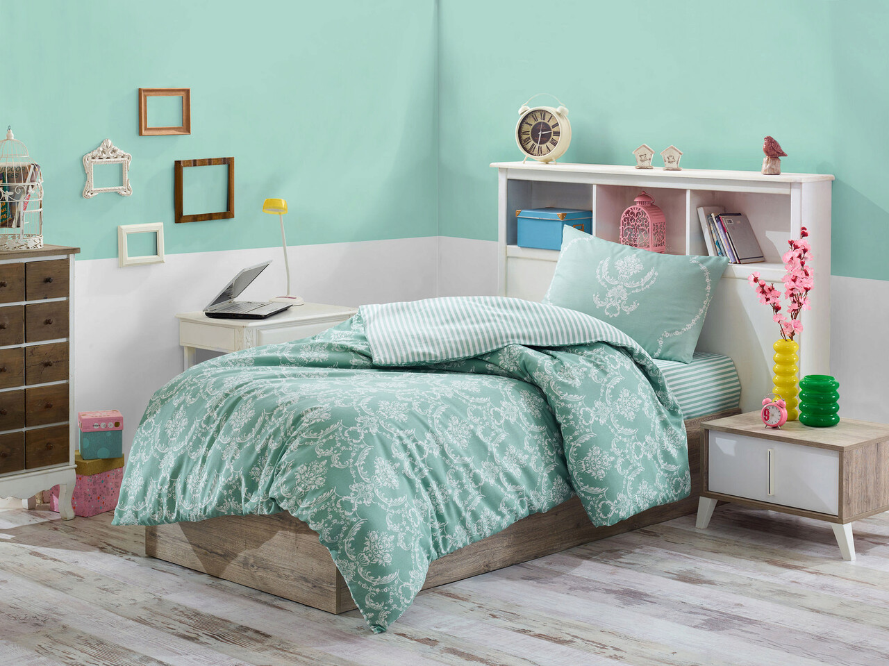 Lenjerie de pat pentru o persoana, Pure - Water Green, Eponj Home, 65% bumbac/35% poliester