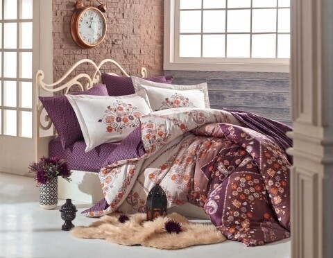 Lenjerie de pat dubla, 6 piese, 240x260 cm, 100% bumbac satinat, Hobby, Sancha Brown- Purple, multicolora