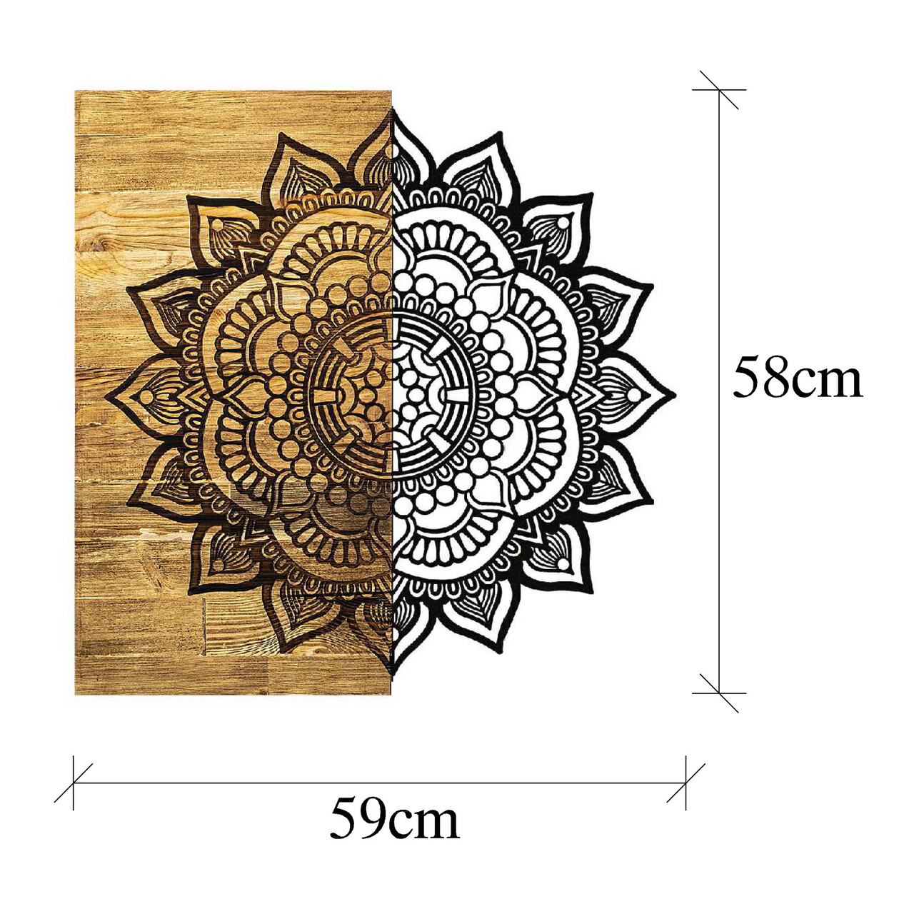 Decoratiune de perete, Mandala 4, 50% lemn/50% metal, Dimensiune: 59 x 58 x 3 cm, Negru