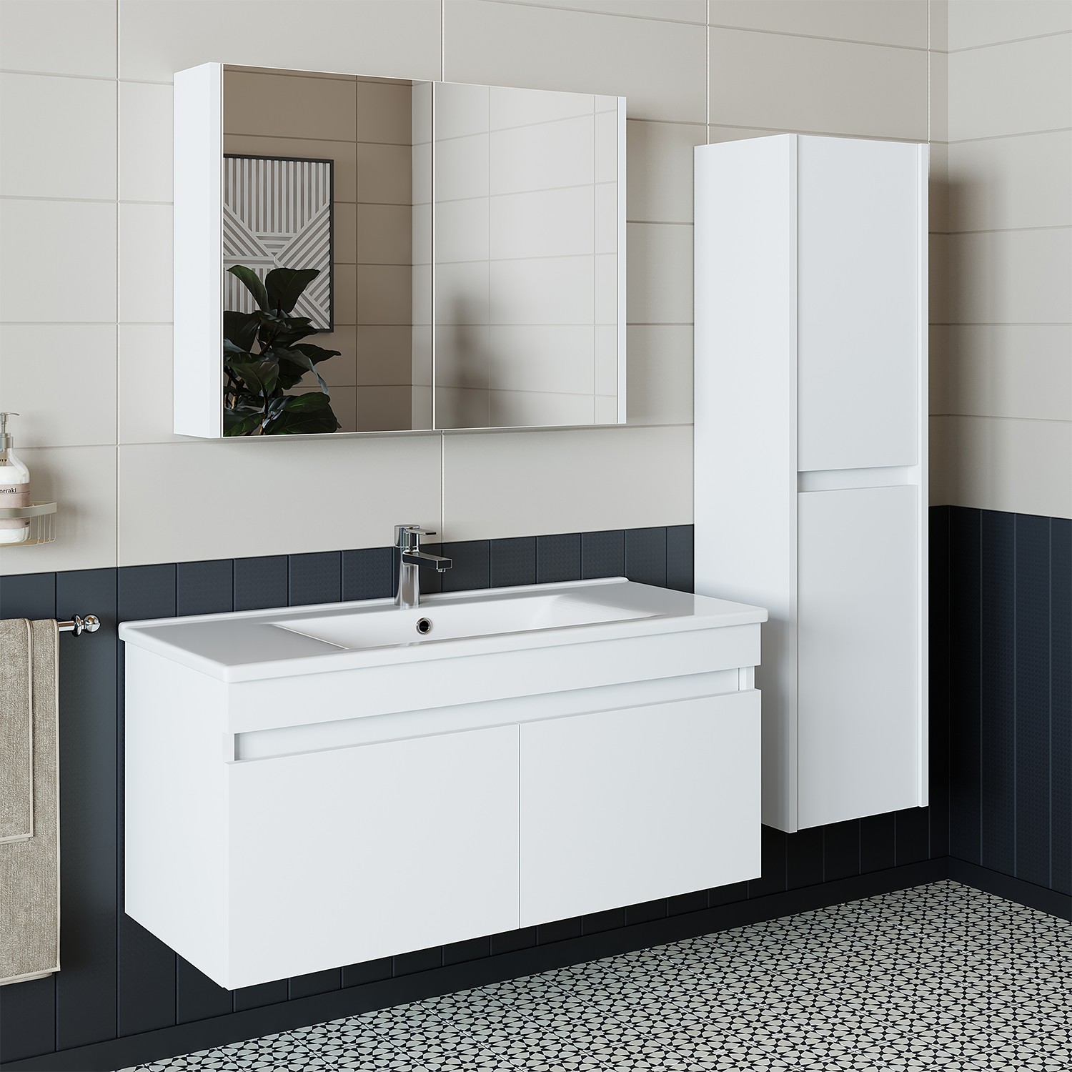 Set Dulap de Baie cu Chiuvetă și Oglindă (3 Piese), Hanah Home, 1327, MDF-LAM, Alb mat