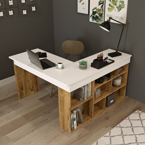 Birou ct5 - aw, locelso, 129x120x72 cm, pal, natural/alb