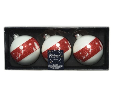 Set 3 globuri Santa w reindeer, Decoris, Ø8 cm, sticla, alb/rosu Decoris