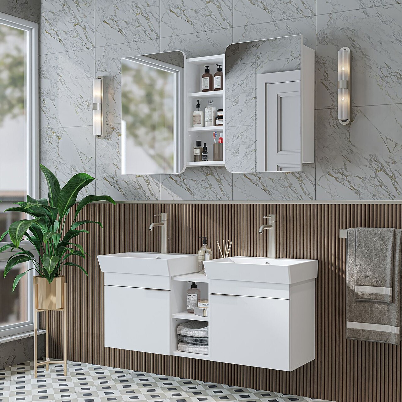 Set Dulap de Baie cu Chiuvetă și Oglindă (2 Piese), Hanah Home, 2951, PAL MELAMINAT, Alb