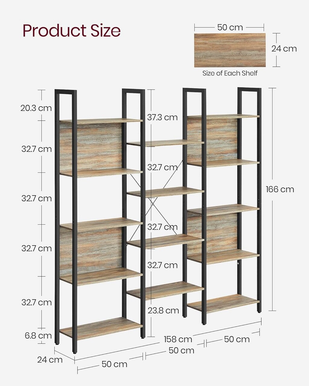 Biblioteca Ladder, Vasagle, 158 x 24 x 166 cm, PAL/otel, maro rustic