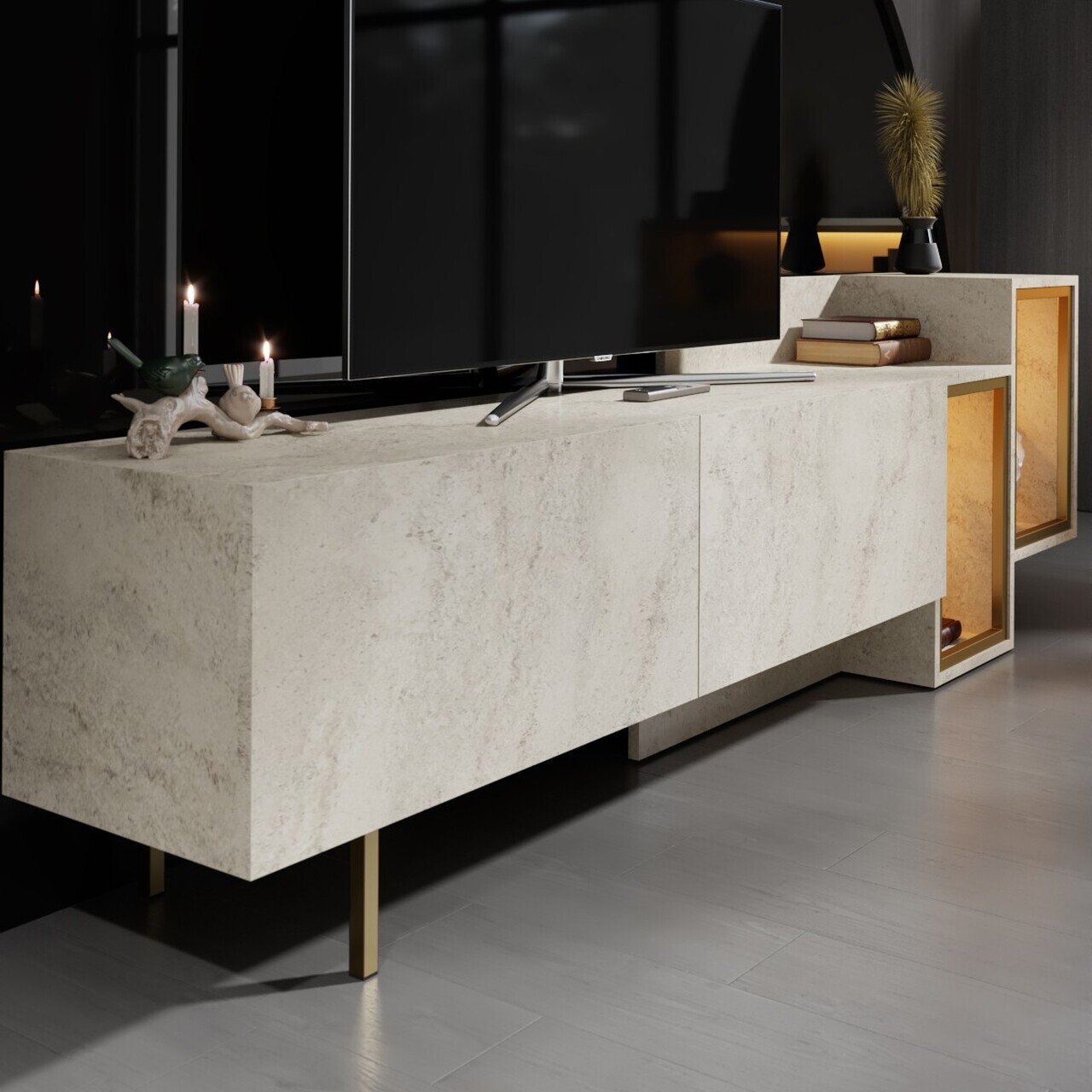 Comoda TV, Hanah Home, Tenon, Travertin / Auriu — imaginea 5