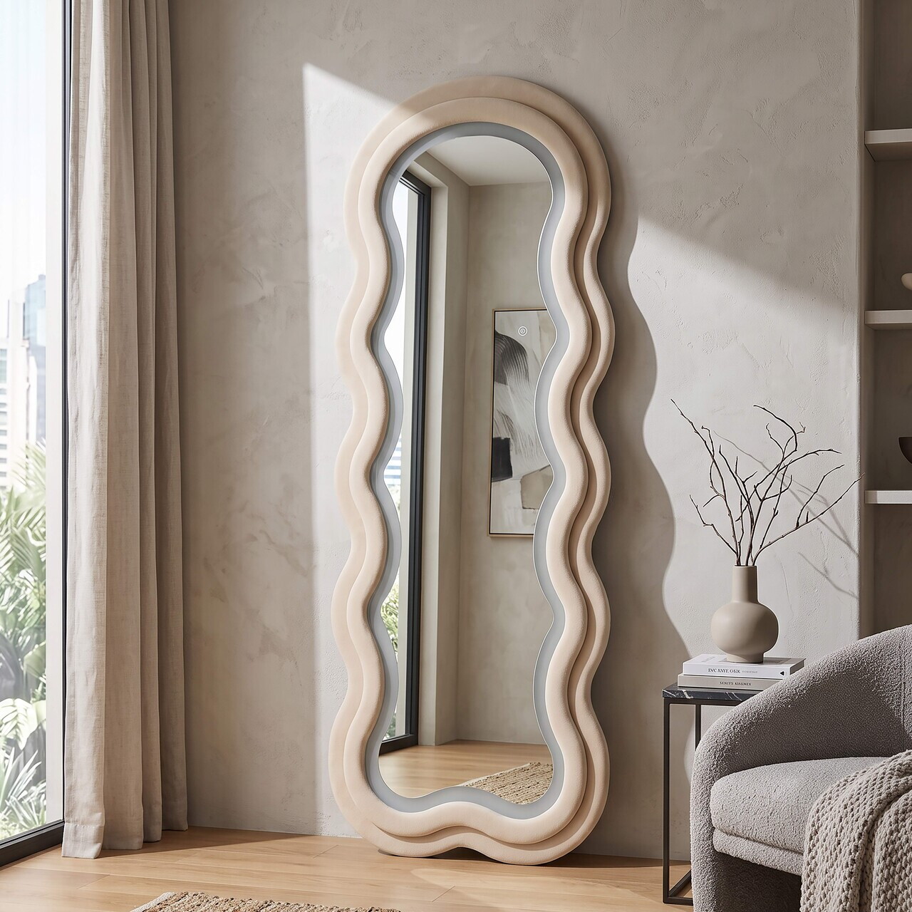 Oglinda de perete cu LED, Irregular Frame, Mauro Ferretti, MDF, 60x160 cm, crem — imaginea 4