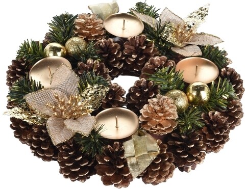 Set 4 lumanari cu suport decorativ Xmas, Ø 28 cm, verde/auriu