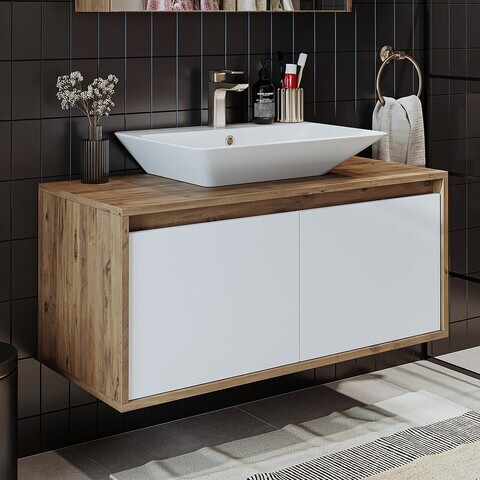 Dulap de baie cu chiuvetă, Hanah Home, 1752, 100x58x45 cm, MDF-LAM, Pin Atlantic / Alb Mat
