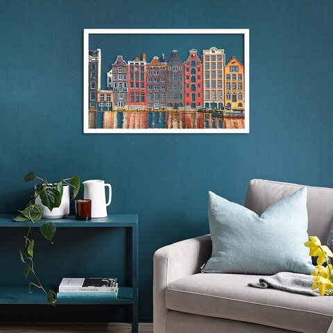 Decoratiune de perete, amsterdam houses, otel, 45 x 70 cm, alb