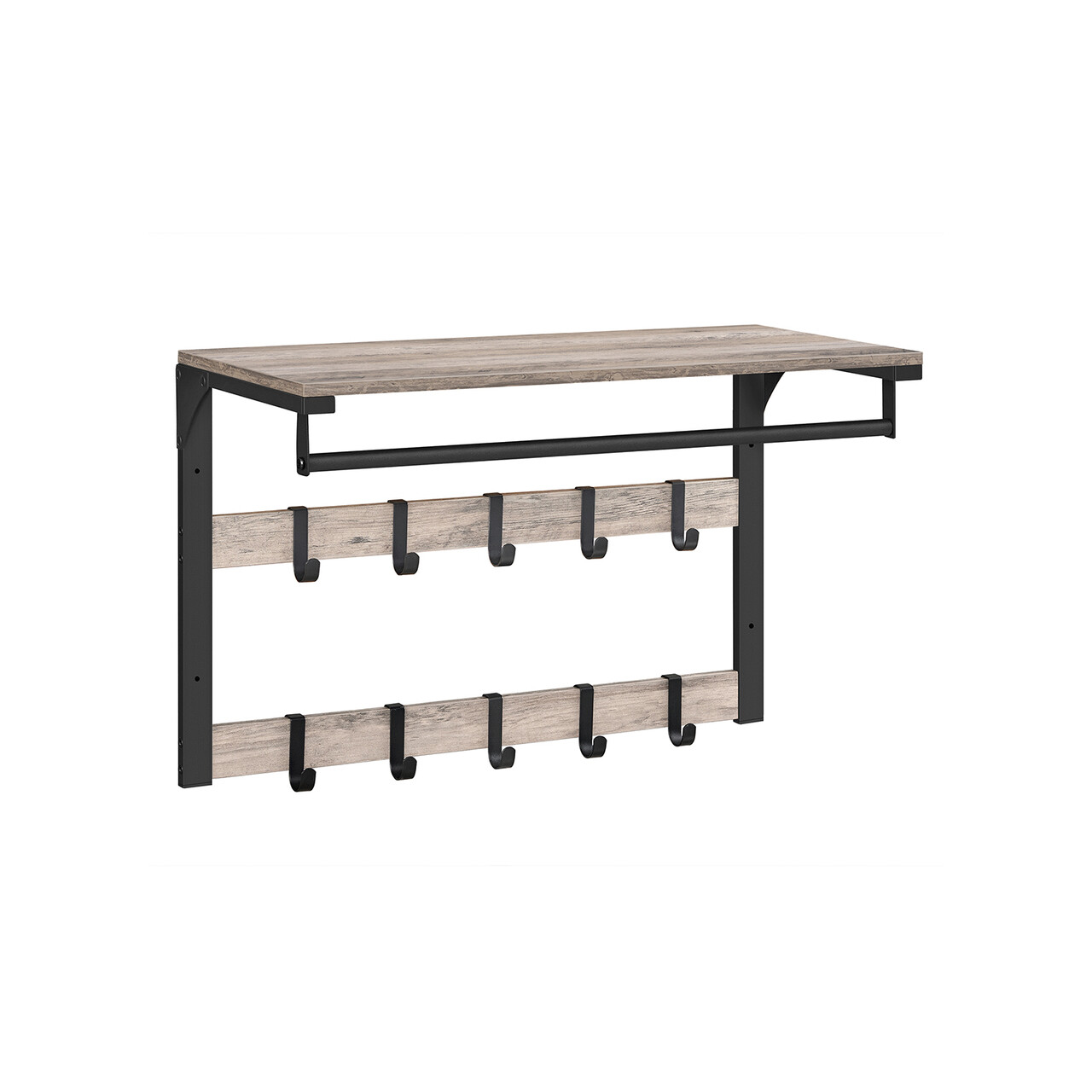Cuier de perete, Vasagle, cu 10 agatatori, 65x30x42 cm, PAL/otel, gri/negru - 1 | YEO