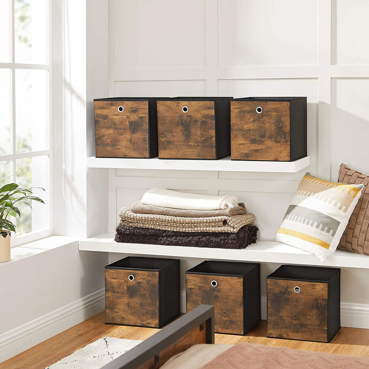 Set 6 cutii de depozitare pliabile, Songmics, 30x30x30 cm, material Oxford/carton, maro rustic - view 2