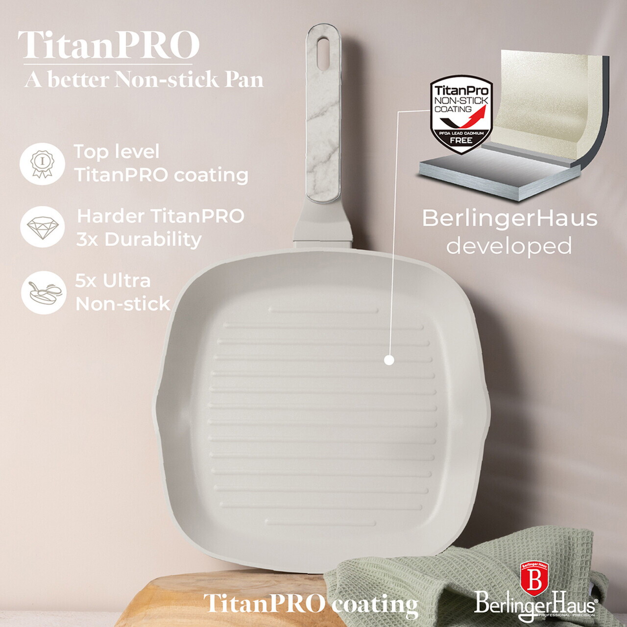 Tigaie grill Berlinger Haus, Sahara Marble, 28 cm, 2.1 L, aluminiu forjat, crem mat/marmura - imagine 8