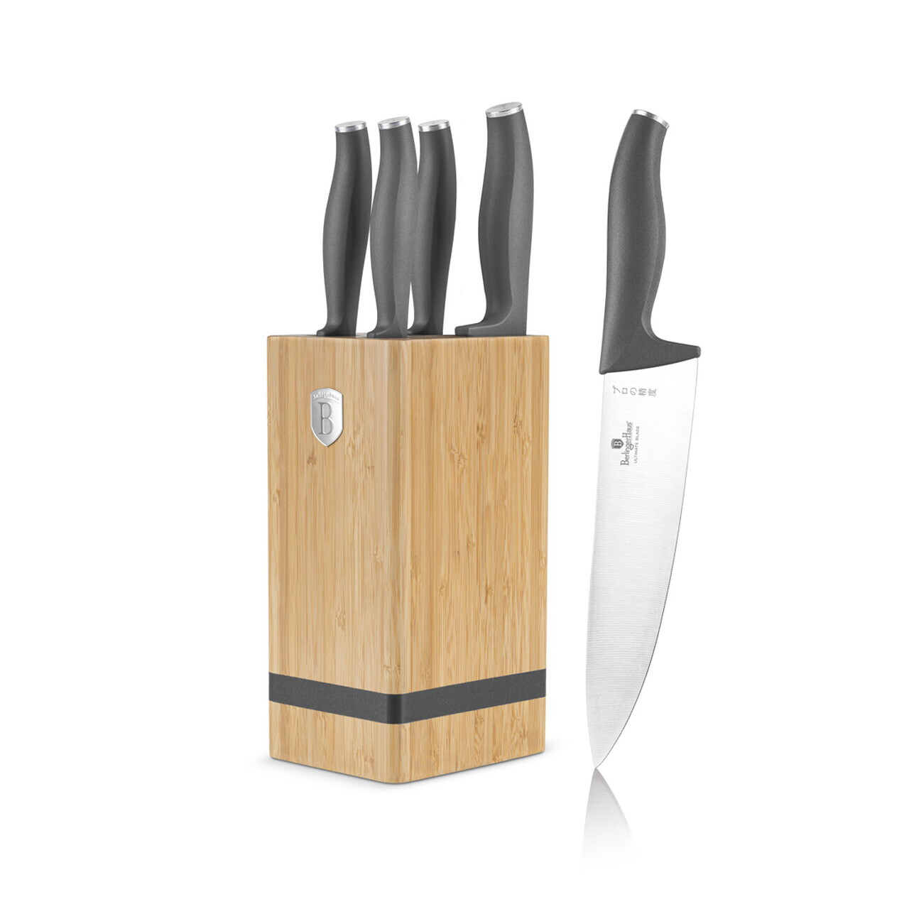 Set 5 cutite cu suport patrat Berlinger Haus, Anthracite, inox/bambus, antracit mat/natur - imagine 8