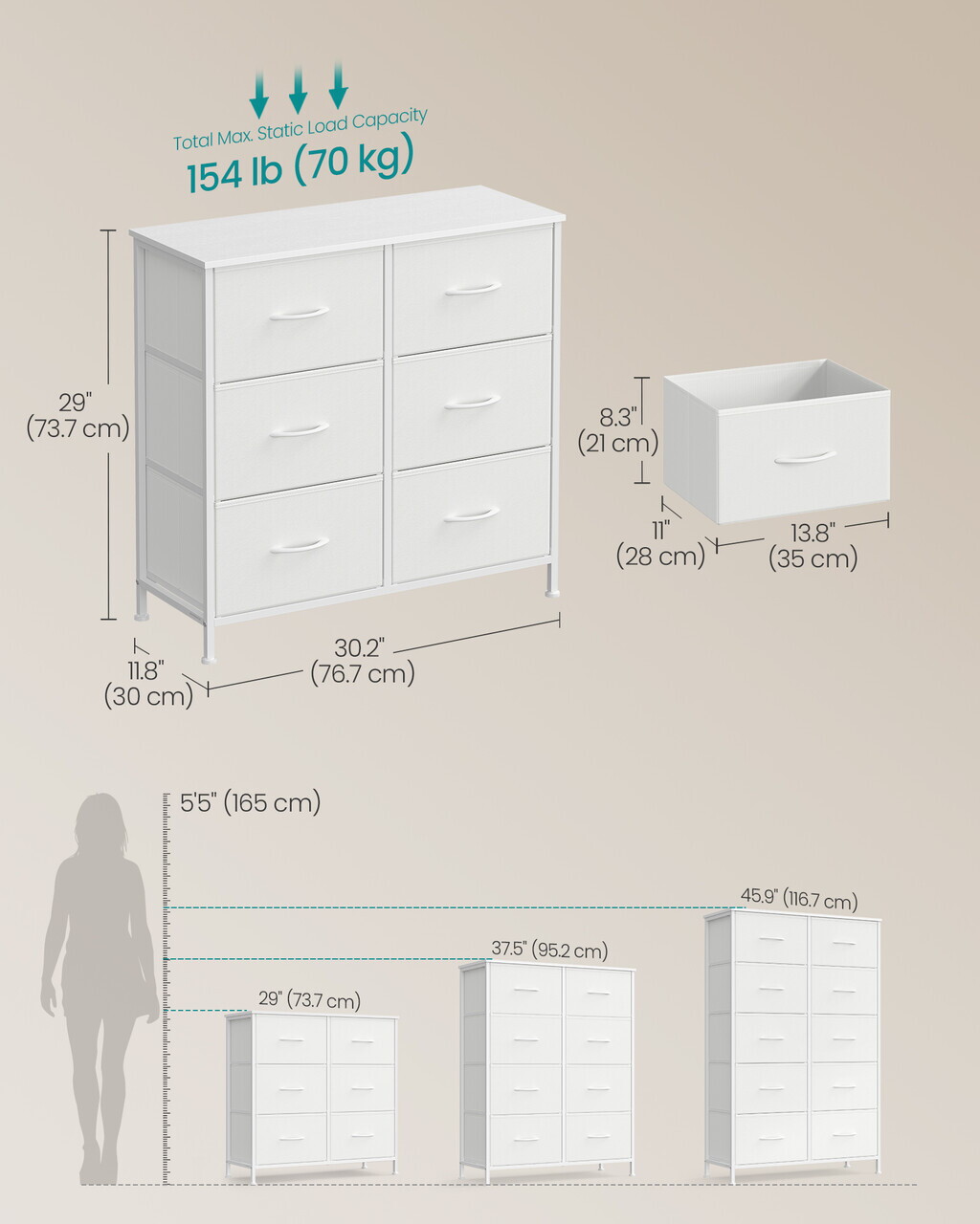Comoda cu 6 sertare, Songmics, 76.7x30x73.7 cm, sertare textile, cadru metalic, alb - imagine 5
