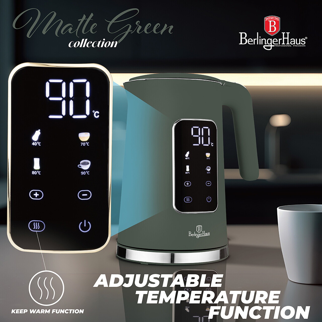 Ceainic electric digital Berlinger Haus, Matte Green, 1.7 L, plastic/inox, verde mat - imagine 5
