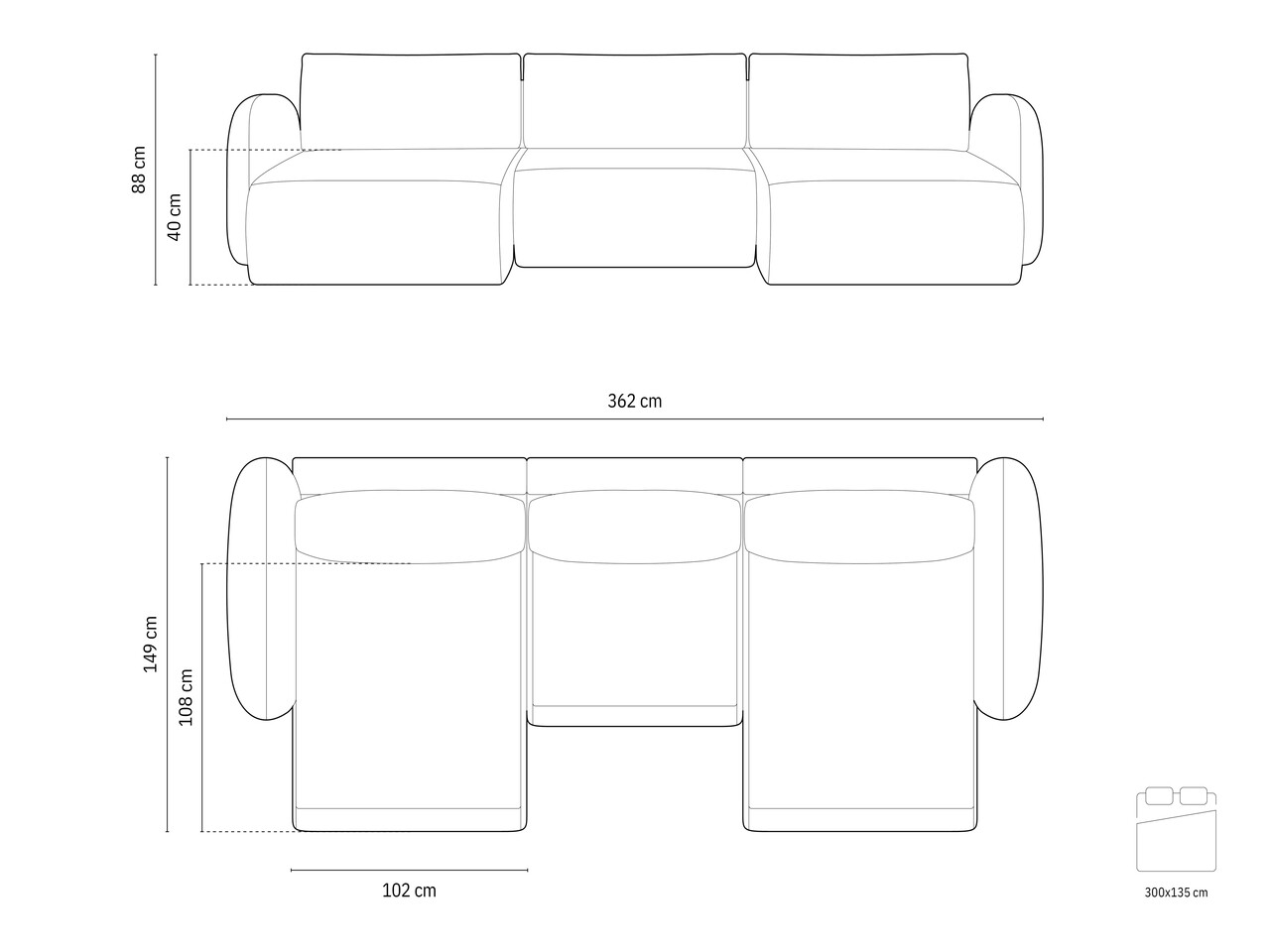 Coltar panoramic extensibil 5 locuri, Tonale, Cosmopolitan Design, 362x149x88 cm, catifea, gri inchis