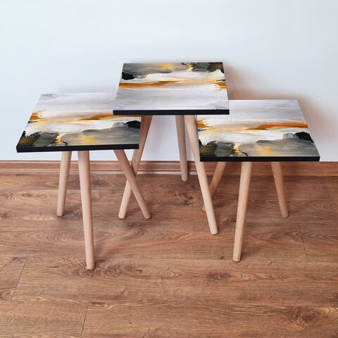 Set masute 3 piese, Leona, 3Shp96, Negru / Alb / Portocaliu