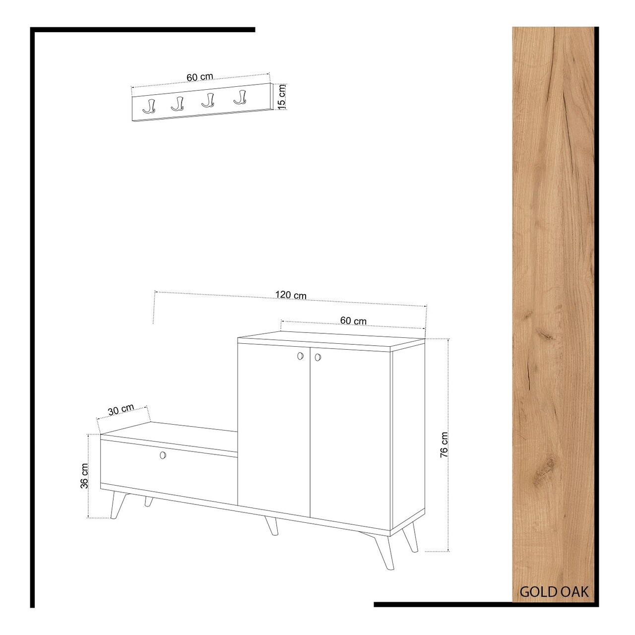 Set cuier si pantofar Evva, Mod Design, 120x30x76 cm / 60x15 cm, PAL, natural/alb