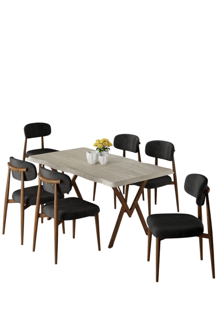 Set masa si scaune (7 piese), Hanah Home, Zerra, Travertin / Aspect de lemn / Negru — imaginea 2