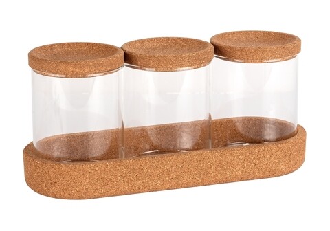 Set 3 reipiente depozitare cu tava, wenko, apiro, 26 x 12 x 9.5 cm, sticla/pluta, natur/transparent