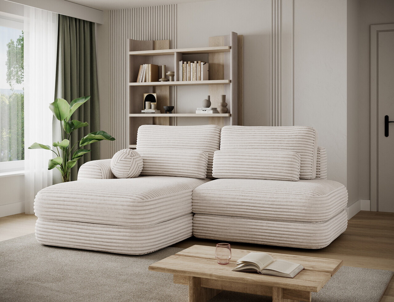 Coltar extensibil stanga 3 locuri ELTAP, Ripeli, 217x175x96 cm, lemn/catifea din poliester, alb — imaginea 2