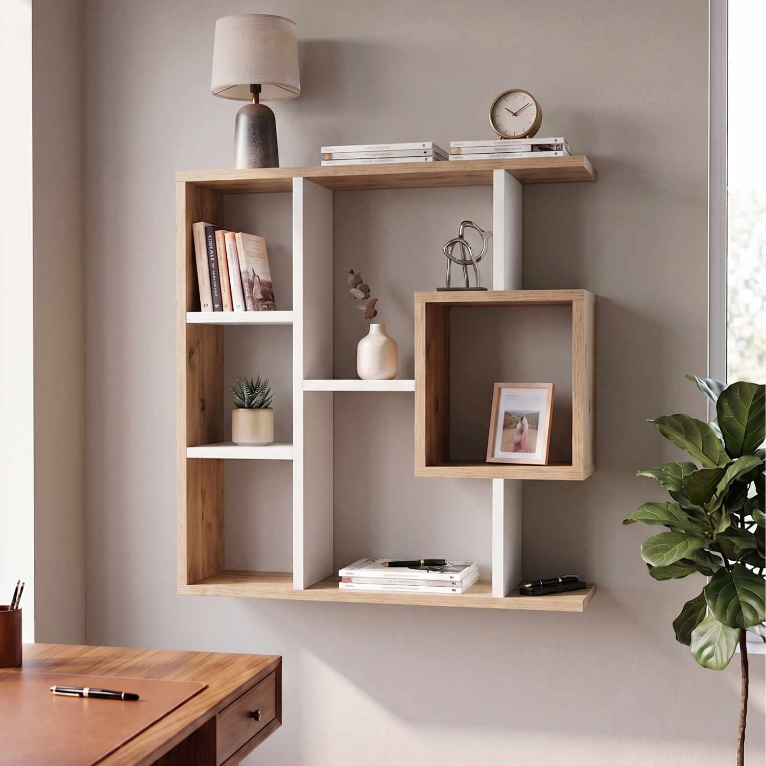 Corp biblioteca, Hanah Home, Yegane, 70.9x74.5x19.7 cm, Alb/Pin Atlantic