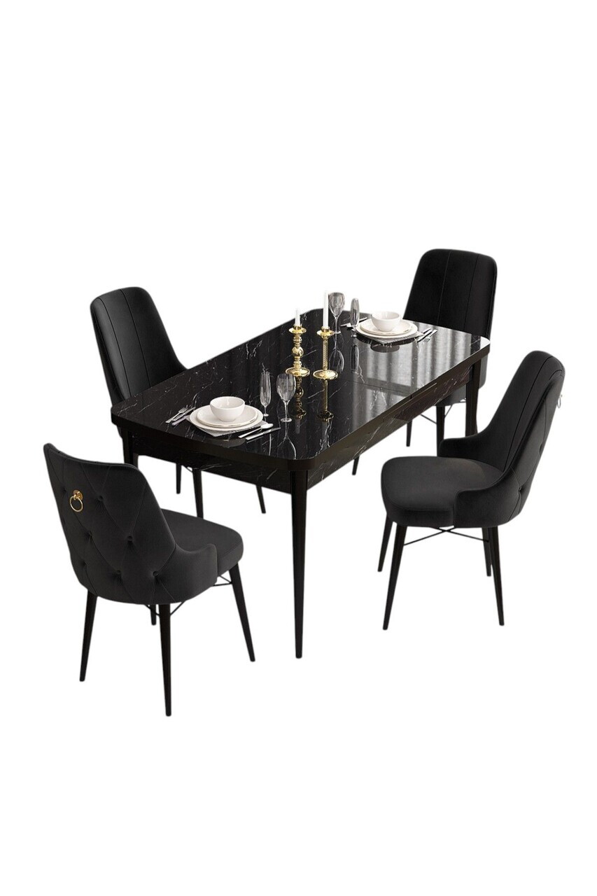 Set masa extensibila si scaune (5 piese), Hanah Home, Are, Model de marmură neagră / Negru — imaginea 2