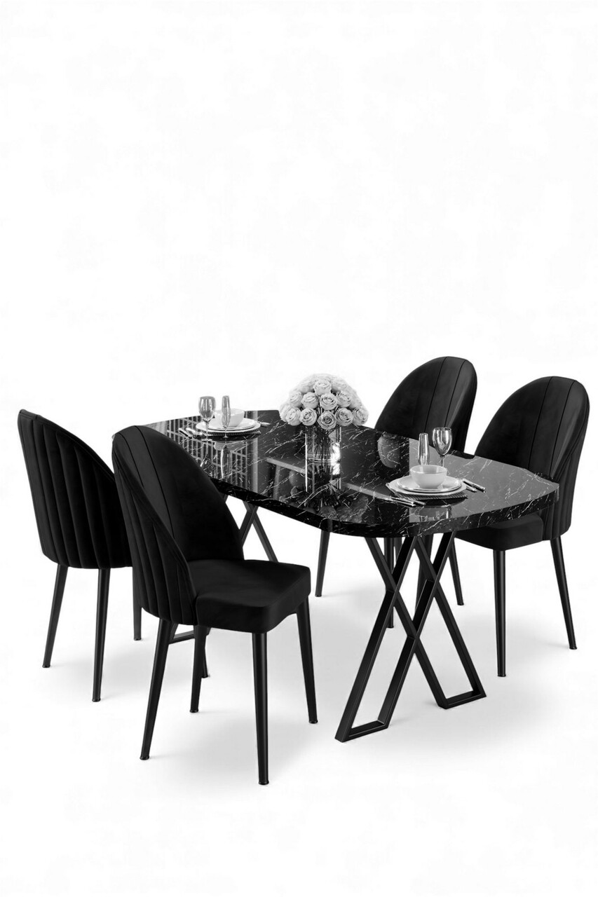 Set masă și scaune (5 bucăți), Hanah Home, Kaye, Marmură neagră / Negru - view 2