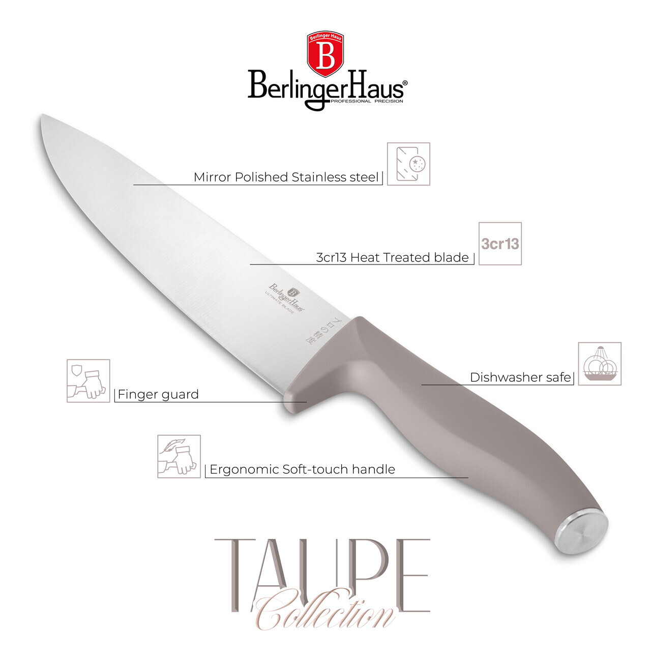 Set 5 cutite cu suport magnetic Berlinger Haus, Taupe, inox/lemn, taupe mat/natur - imagine 8