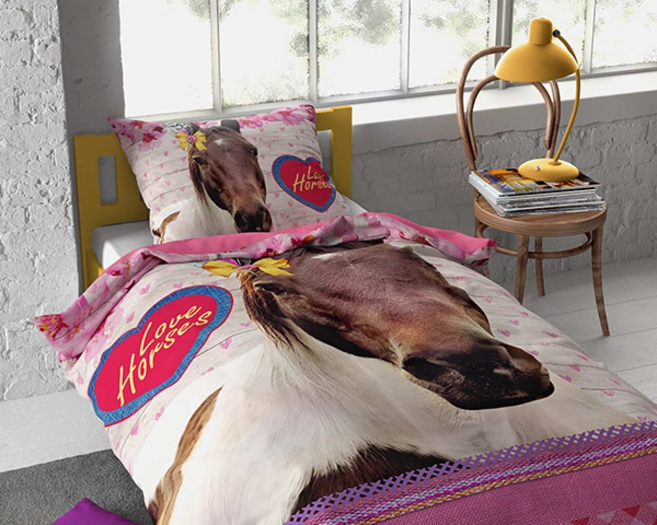 Lenjerie De Pat Pentru O Persoana, Love Horse Pink, Dreamhouse, 2 Piese, 100% Bumbac, Multicolora