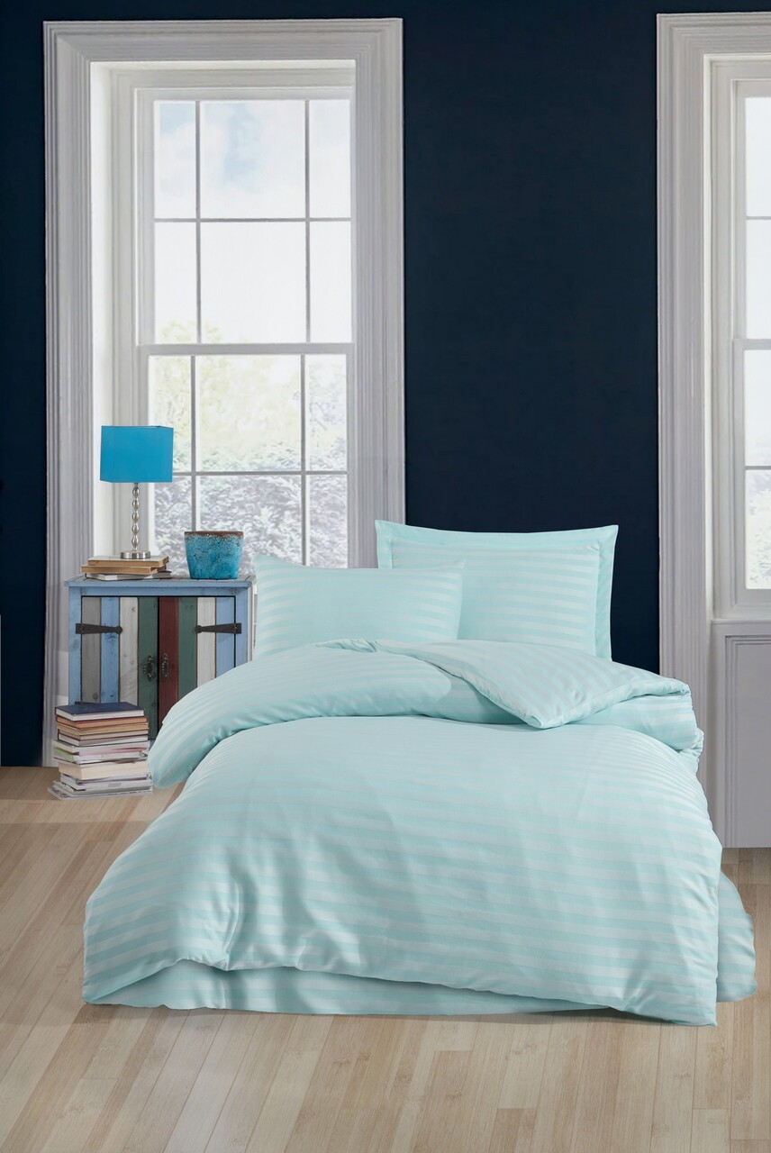 Lenjerie de pat pentru o persoana, Water Yollu Saten - Mint, EnLora Home, 70% bumbac/30% poliester