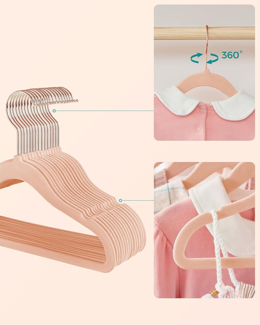 Set 50 umerase copii catifelate, Songmics, antialunecare, max 3 kg, roz deschis/carlige rose gold - imagine 2