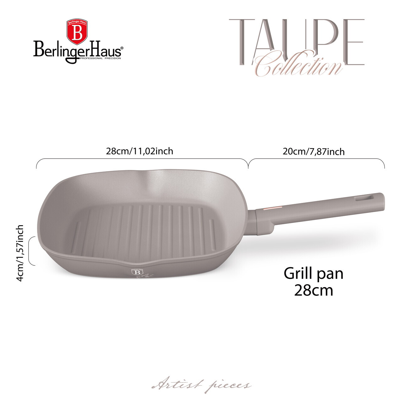Tigaie grill Berlinger Haus, Taupe, 28 cm, 2.1 L, aluminiu forjat, taupe mat - imagine 8
