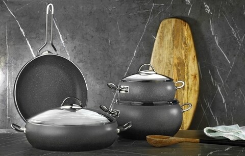 Set oale si tigai, 7 piese, Kutahya Porselen, ADR07TSGRNGRISYH, aluminiu/sticla, negru