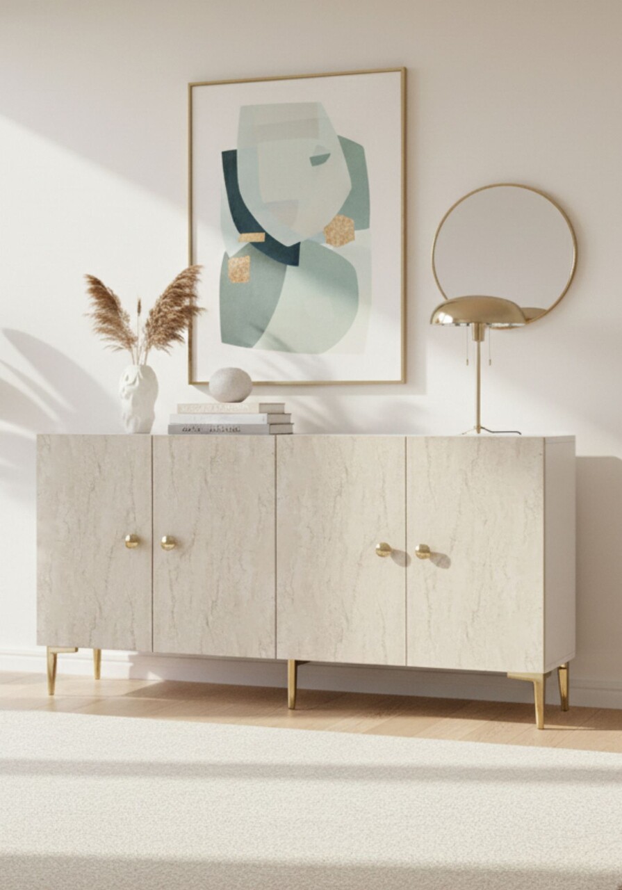 Consola, Hanah Home, Simple 150, 150x75x32 cm, White / Travertine / Gold - view 4