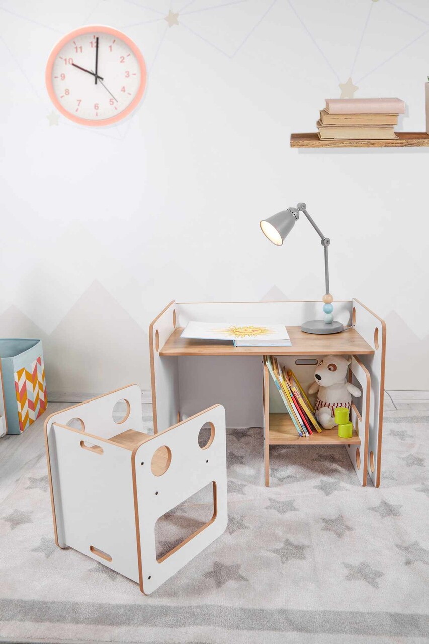 Set masa si scaun pentru copii, Hanah Home, Goldfinch 2, Alb / Natural - imagine 8