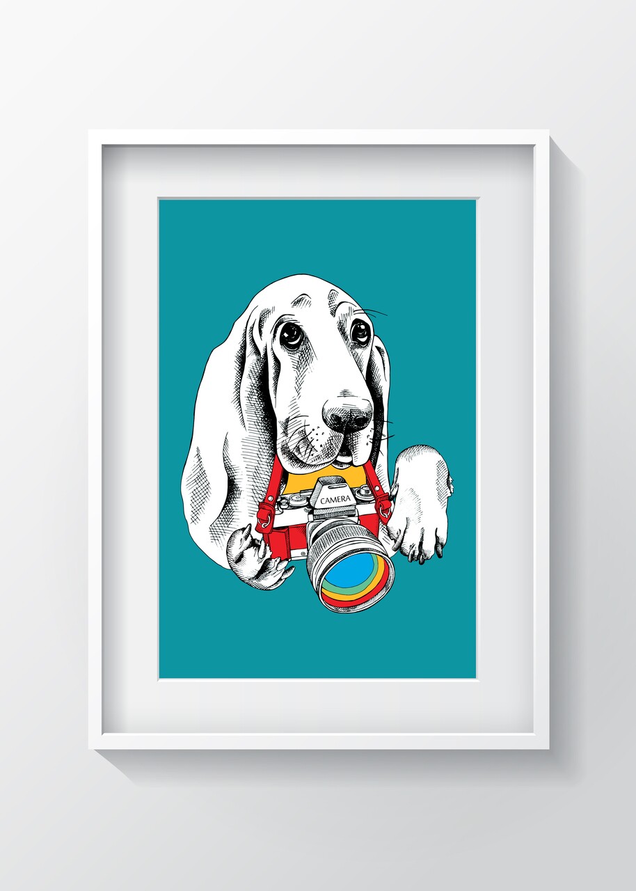 Tablou decorativ Dog photographer, Oyo Kids, 29x24 cm, lemn/MDF, multicolor
