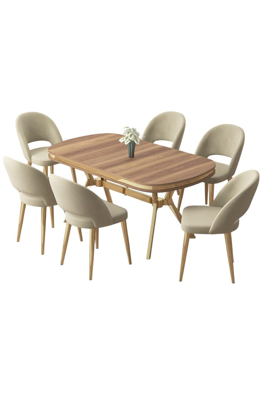 Set masa si scaune (7 piese), Hanah Home, Jita, Hazar / Aur / Cremă — imaginea 2