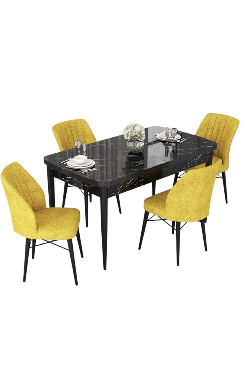 Set masa extensibila si scaune (5 piese), Hanah Home, Nef, Model de marmură neagră / Muștar — imaginea 2