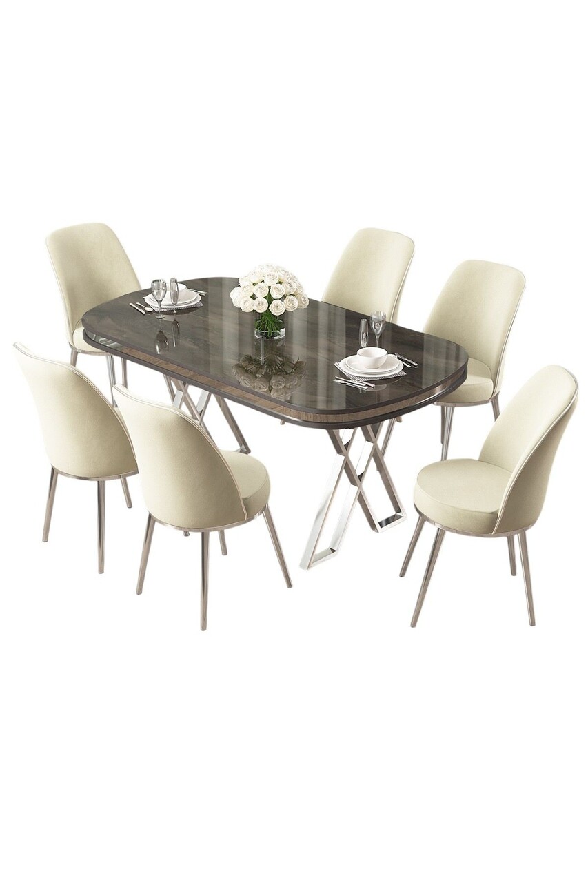 Set masă și scaune (7 piese), Hanah Home, Lai, Antracit / Crom / Crem - imagine 2