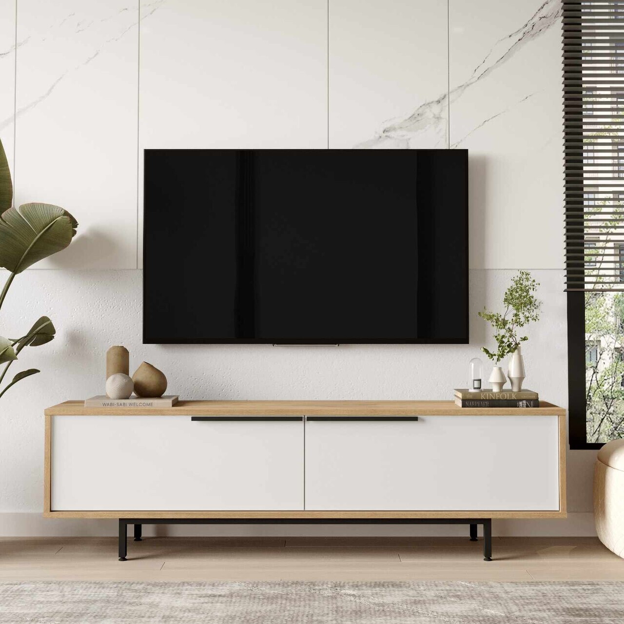 Comoda TV, Hanah Home, Boh1-Sw, 160x45.1x35.5 cm, PAL, Natural/Alb — imaginea 2