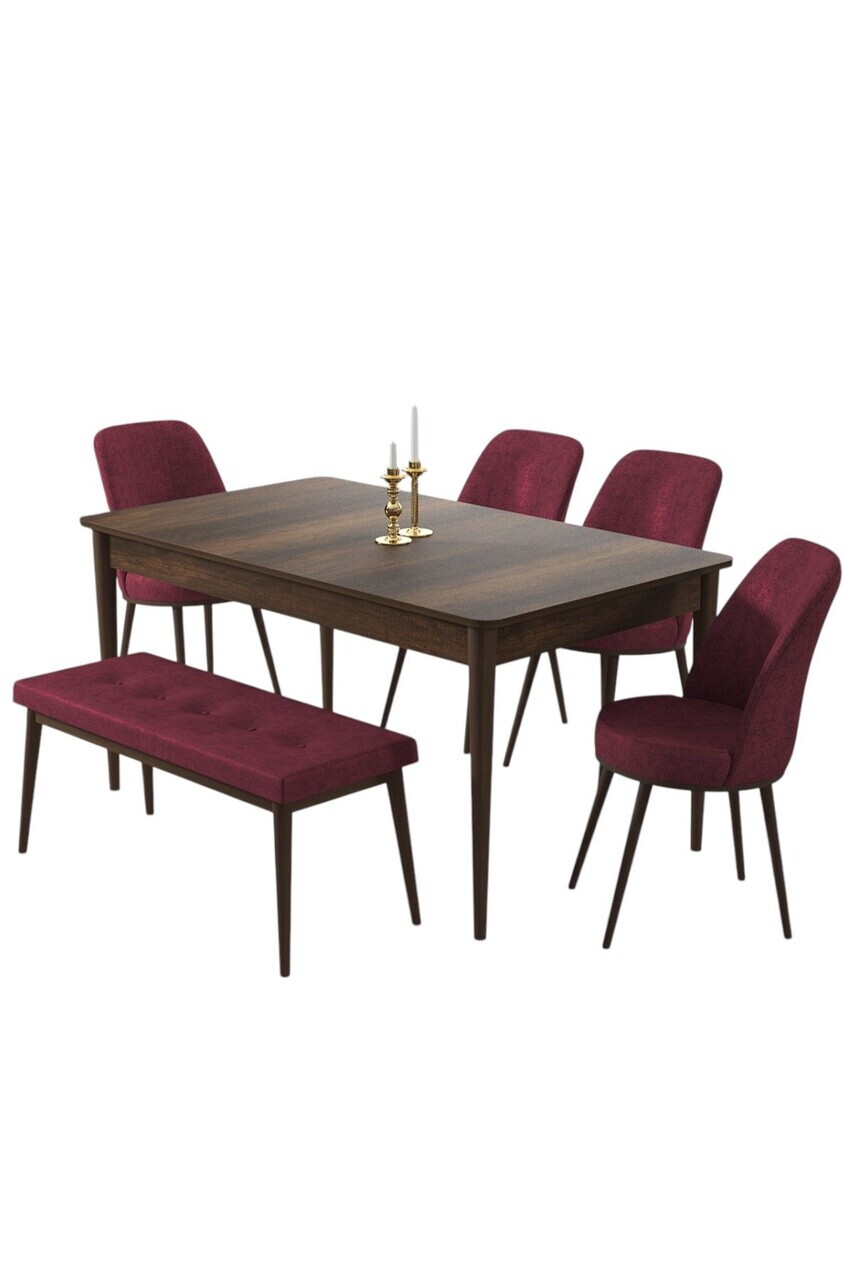 Set masa si 6 scaune, Hanah Home, Pir, Model baroc din lemn / Burgundia — imaginea 2