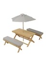Set 2 banchete + masa + umbrela, Kids Picnic, lemn de brad, natural/gri